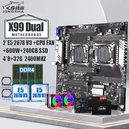 X99Dual CPU Motherboard Kit Socket LGA2011-3 with 2*XEON E5 2678V3 and 4*8GB=32GB DDR4 2400MHz ECC REG and CPU FAN 240GB SSD Set