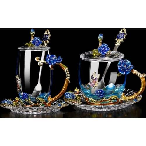 Creative Blue Rose Enamel Crystal Tea Cup Coffee Mug Butterfly Rose Painted Flower Water Cups Clear Glass with Spoon Set