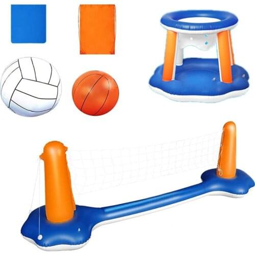 Inground Pool Float Toys Set with Inflatable Volleyball Net Basketball Hoop 2 Balls with Storage Bag Floating Swimming Pool Toy