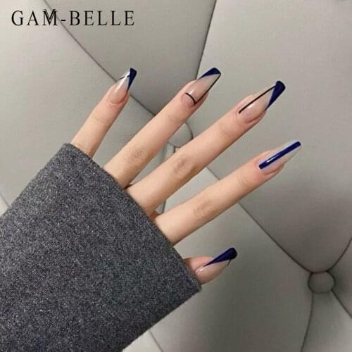GAM-BELLE 24Pcs Detachable Long Ballerina Fake Nails Blue Lone Designs Full Cover Artificial Press On Nails DIY Manicure Tools