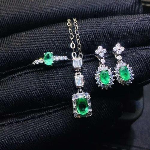 Real Natural Emerald jewelry set Natural Real Emerald 925 sterling silver 1pc pendant,1pc ring,2pcs Earring
