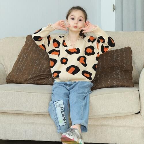 Kaiya Angel Autumn Winter Children Kids Girl Tops Clothes Wool Knitted Jumpers Fashion Pullover Casual Leopard Sweater For Girl