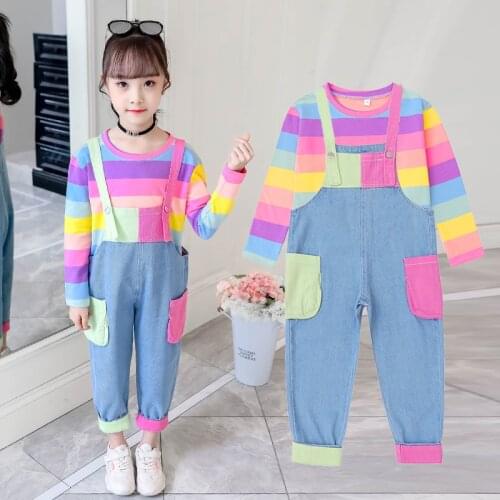 Casual Baby Girls Sets Autumn New Cotton Long Sleeve Rainbow Striped T-shirts + Loose Denim Overalls 2pcs Fashion Kids Clothes