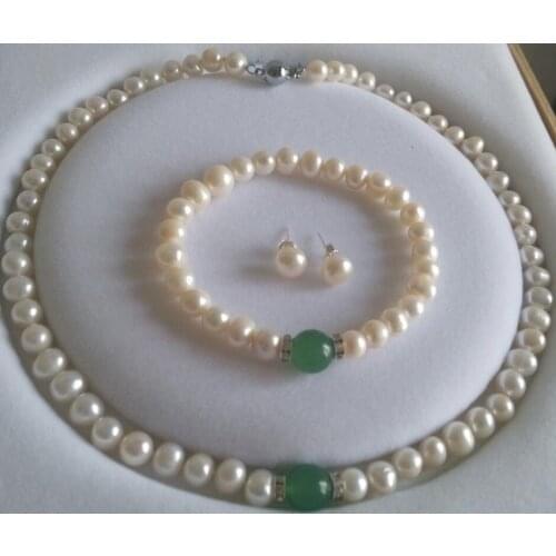 Luxury Noble jewelry Natural White Akoya Pearl &Green Bracelet Necklace Earrings Jewelry set