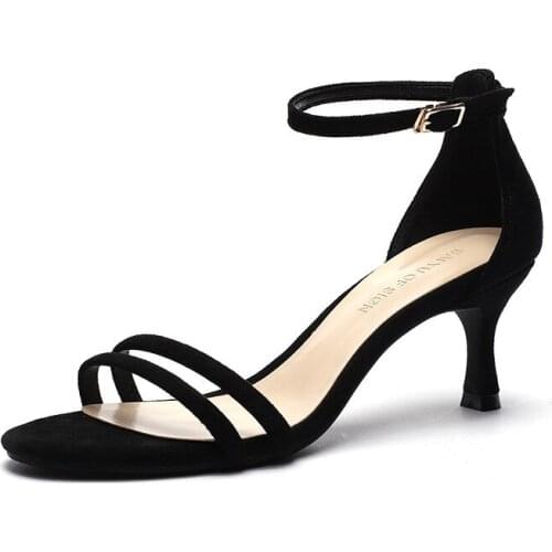Women Sandals Summer Ladies women sandals Flock Buckle Strap 6.5CM Thin High Heels Round Toe Shallow women shoes size 35-42