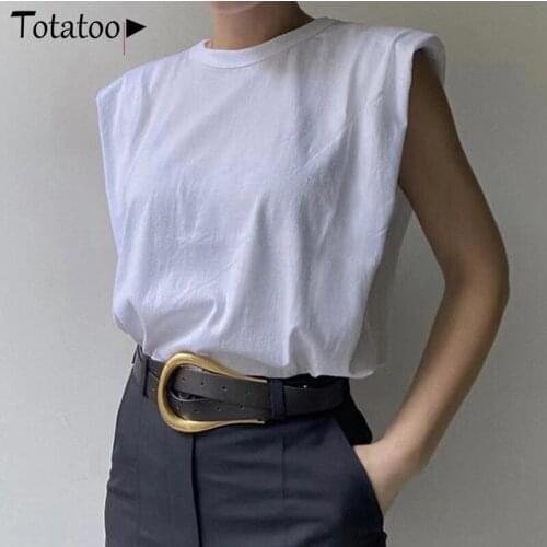 Serytee Fashion Shoulder Padded Summer T Shirts For Women 2020 O Neck Sleeveless Solid Oversize TShirts Streetwear Casual Tops