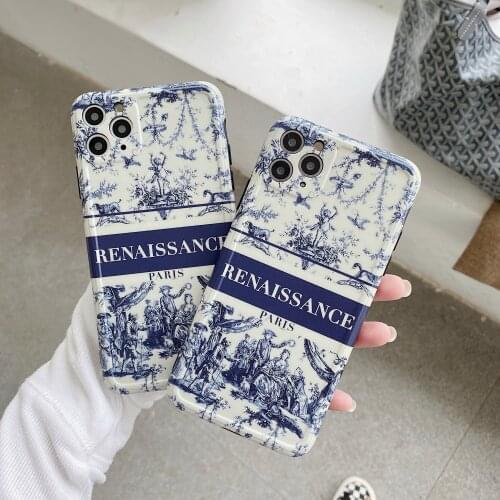 Blue Vintage prints Case For iPhone11 Pro Max Xs max 7 8plus XR Phone Cover Body Shell Shockproof Transparent Protection case