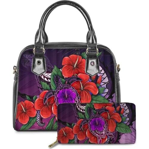 Handbag Purse Set Floral Messenger Bags Marshall Islands Turtle Hibiscus Women PU Ladies Shoulder Bags Wallet Set Bolsa Feminina