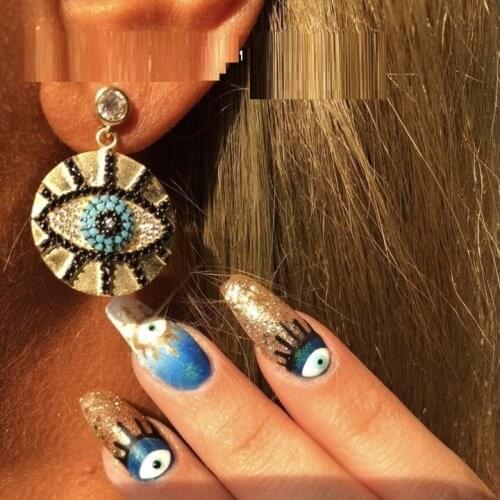 High Quality Two Town Gold Color Micro Pave White Black Blue CZ Stone Round Geometric Evil Eye Coin Dangle Earring