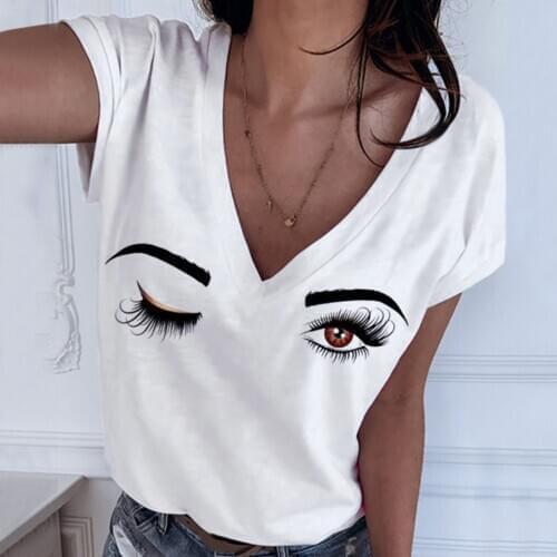 Womens eye print short sleeve T-shirt new cotton base shirt womens top large loose short sleeve Футболки с коротким рукавом