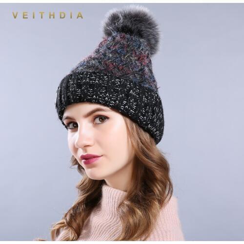 VEITHDIA Woman Winter Hat Beanie Faux Fur Ball For Hats Knitted Cap Skully Warm Ski Hat Trendy Soft Super Thick Female Caps 170g