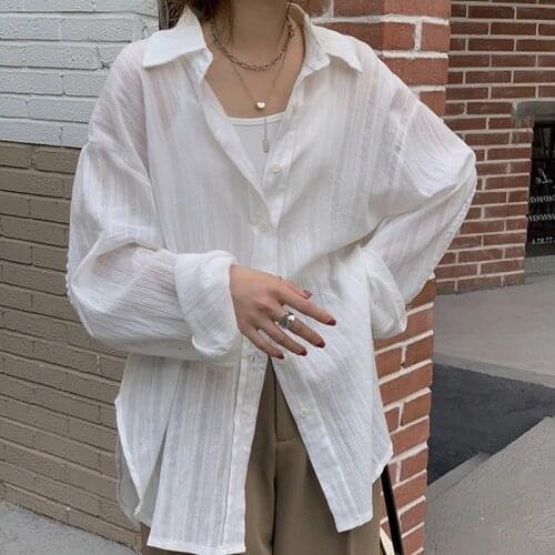 Oversized Women Loose Casual Shirts New Arrival 2021 Fashion Korean Style Turn-down Collar Ladies Elegant Long Sleeve Tops W450