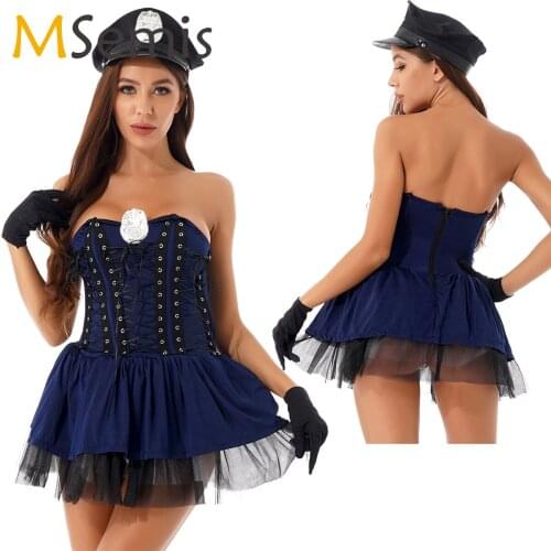 Sexy Policewoman Uniform Costume Women Halloween Clubwear Erotic Outfit Cosplay Carnival Fancy Theme Party Dress with Hat Gloves