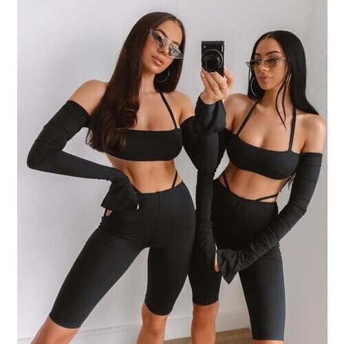 2pcs Womens Sexy Outfit Set Strapless Halter Crop Cami Top Slim Elastic Skinny Shorts Solid Color Sports Fitness Yoga Set