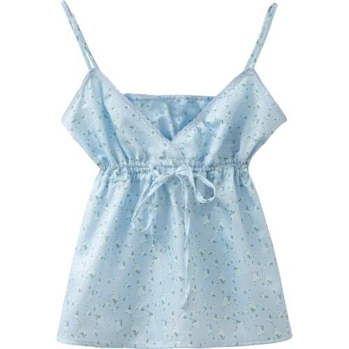 Sweet Women Bow Lace V Neck Vest 2021 Summer Fashion Ladies College Style Cute Sling Female Printed Draw Back Slim Sling Top