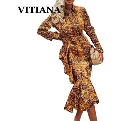VITIANA Leopard Trumpet Dress Spring 2020 Female Long Sleeve Turn-Down Neck Ruffles Casual Dresses Femme Yellow Party Vestidos