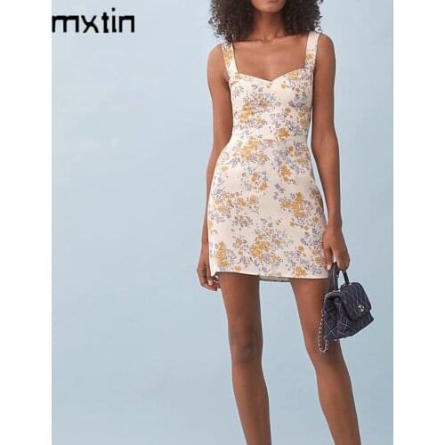 2021 Women Summer Sexy Sleeveless Floral Print Mini Dress Vintage Slim Backless Spaghetti Strap Party Female Dresses Vestidos