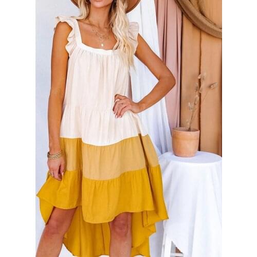Square Neck Ruffled Pactchwork Women Dress Chic Sleeveless Backless Irregular Female Casual Dresses 2021 Summer Fashion Vestdio
