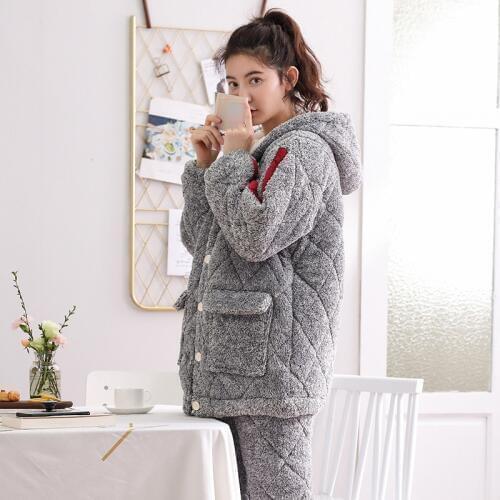 Winter Pajamas with Cotton Womens Three-layer Beibei Plush Warm Set Flannel Cationic Hoodie Pajamas for Women Pajamas