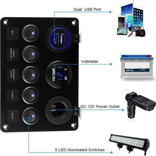 5 Gang Car Marine Boat LED Rocker Switch Panel Circuit Digital Voltmeter Dual USB Port Outlet Car Ship Yacht Combination Panel