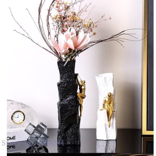 Resin Vase Golden Man Rock Climbing Abstract Figure Statue Flower Arrangement Irregular Black and White Flower Vase Home Decor