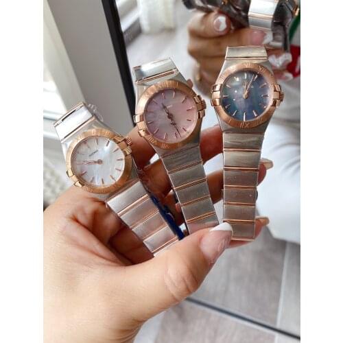 Classic Women Quartz Watch Mother Pearl Dial Clock Star Design Stainless Steel Two tone Rose Gold Shell Famous Sapphire Watch