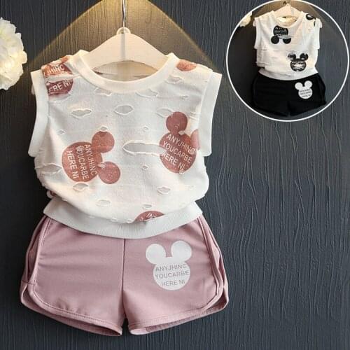 Kids girls Clothes sets Summer cartoon mouse print hole shirt+shorts 2pcs set 2017 New Toddler kids Clothing 2-6y
