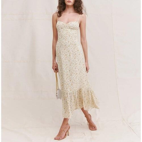 Summer Dress Floral Print Ruffle Hem Elegant Party Vintage Midi Dress Women Sweetheart Neck Spaghetti Strap Beach Dress Vacation