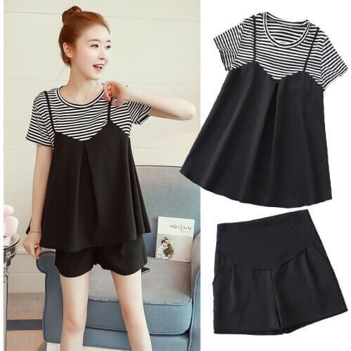 Summer Maternity Tops Trousers Sets Clothes Casual Short Sleeve Pregnant Women Stripe T shirt short Pants Suit For Pregnancy