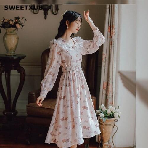 SWEETXUE Kawaii Cute Chiffon Art Retro Print Lace Stitching Doll Collar Long Sleeve Dress Spring New Style Women