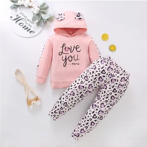 Baby Girls Sweet Fashion Clothes Set,2pcs Toddlers Girls Letter Printing Ear Decoration Long Sleeve Hooded Tops+heart Long Pants