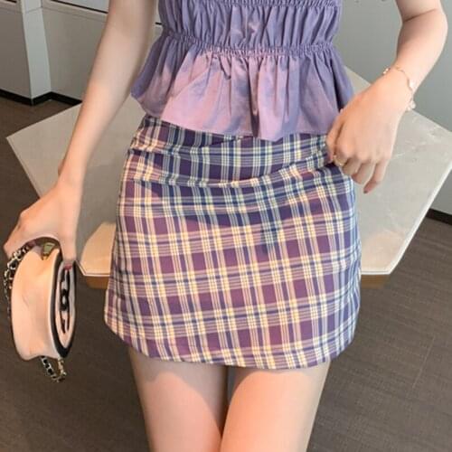 Zoki Women Mini Skirt A Line Purple Plaid Skirt Female High Waist Bag Hip Short Skirt Korean Street Wear Fashion Summer New 2021