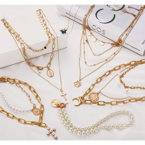 2020 Gold Multi Layered Necklace,Portrait Lock Coin Pendants Necklaces For Women,Metal Key Heart Chain Necklace Jewelry