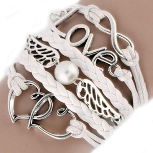Fashion Womens Leather Multilayer Cute Infinity Love Heart Wings Charms Bracelet