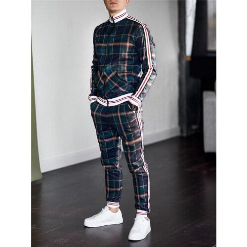 Men Spring And Autumn Large Casual Fashion Joker Checkered Sportwear Pants Zipper Lapel Cardigan Jacket Two Sets