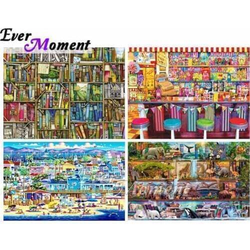 Ever Moment Diamond Painting Kit Full Square Drills Resin Bookshelf Animal Diamond Embroidery Mosaic Cartoon Art Beach ASF2085
