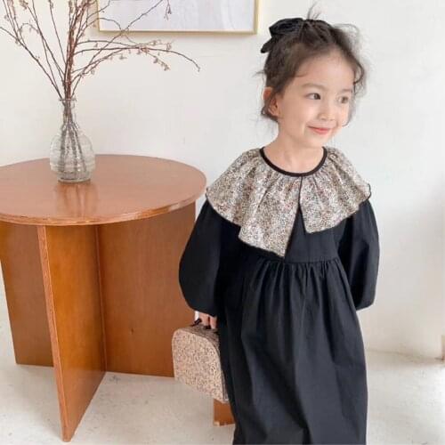 Girls Dress 2021 New Spring Long Dress Black Printing Cotton Cute Knee-Length Draped Full Patchwork Big Lapel Dress