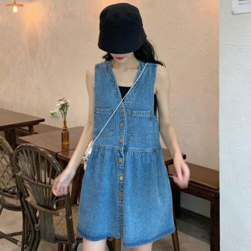 Sleeveless Sexy Denim Strap Dress Women French Small Dress Womens Summer 2021 New Korean Style Thin V-neck Gentle Dress