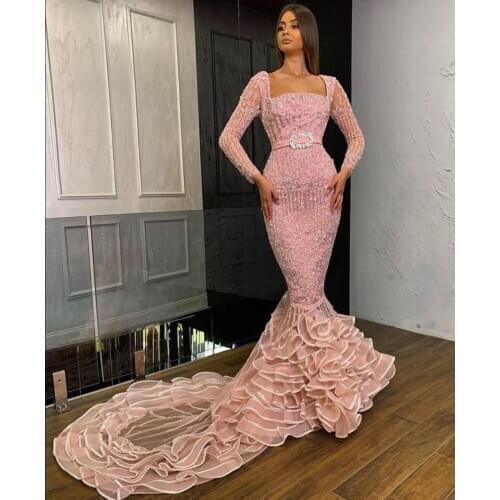 Luxury Pink Beaded Crystal Mermaid Evening Dresses 2021 Square Neck Full Sleeves Long Evening Gowns Ruffles Train Formal Dress