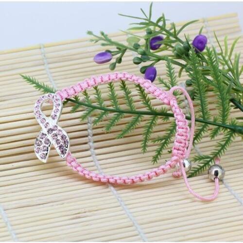 Pink Rhinestone Crystal Silver Color Ribbon Connector Bead Breast Cancer Awareness Adjustable Pink Macrame Rope Bracelet 1pc