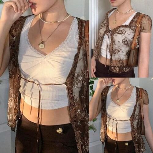 Vintage Lace Crop Tops Short Sleeve See Through Sexy Mesh Women Tshirts V Neck Lace Up Floral Kawaii Clothes
