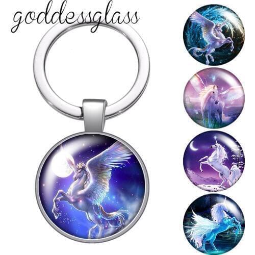 Magical Unicorn Lovely Moonlight Horse Rainbow glass cabochon keychain Bag Car key chain Ring Holder Charms keychains Gifts