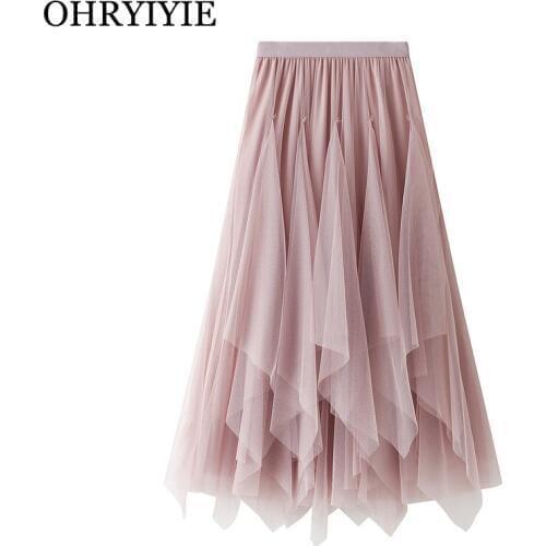 OHRYIYIE Pink Gray Irregular Tulle Skirt Women Fashion 2020 Midi Long Maxi Skirts Female Faldas High Waist Party Tutu Skirt Jupe