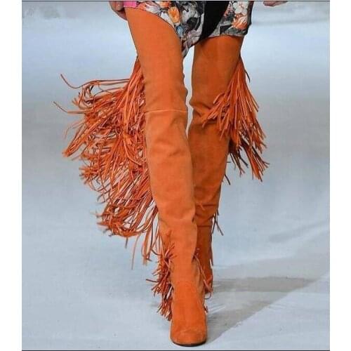 Fashion Thigh Fringe Woman Over The Knee Runway Long Boots Winter High Heel Pointed Toe Pant Botas Large Size 15 Real Photos