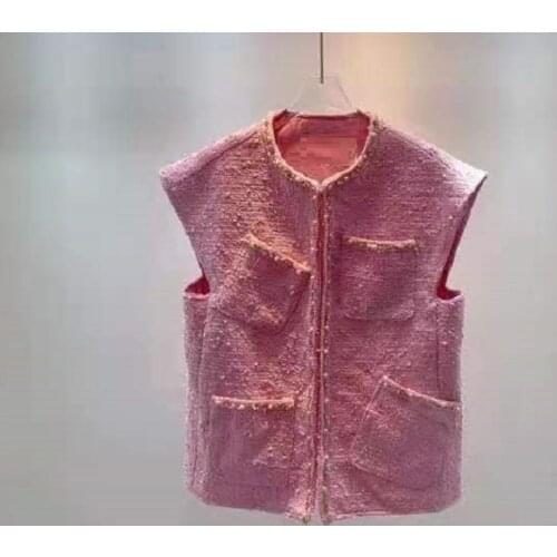 High Quality Vest Wool Jackets 2021 Autumn Winter Fashion Clothing Women Pocket Hand Made Beading Deco Casual Apricot Pink Coat