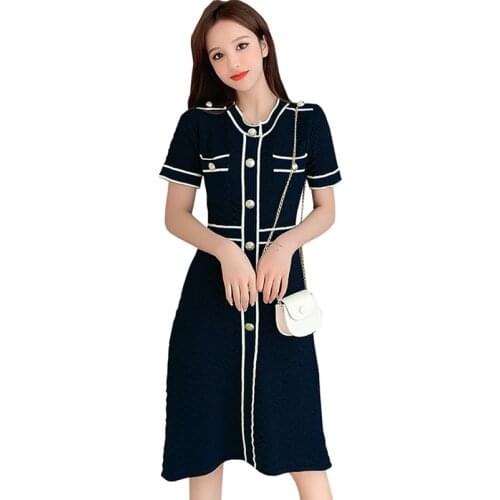 Summer Womens Short Sleeve Sweater Dress Brand Design Office Lady Bright Silk Decoration Casual Dress 2021 Long style Dress