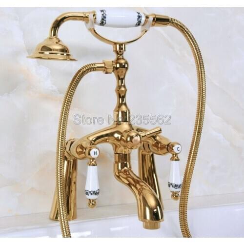 Golden Brass Bathroom Deck Mounted Clawfoot Tub Faucet Hand Held Shower lna135