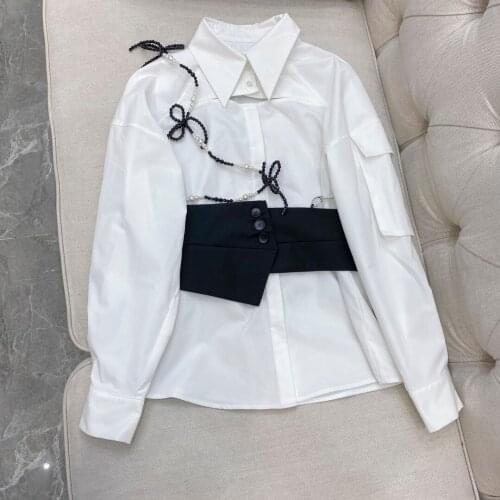 Women 2021 fashion new long-sleeved sexy casual waist bow bead chain white shirt 0316