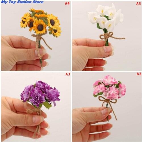 Handmade Bouquet Artificial Flowers For Doll House Fake Purple Carnation Lavender Rose Sunflower Calla lily Doll Decor 10 Styles