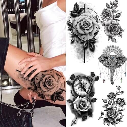 Black Large Rose Flower Temporary Tattoos For Women Adult 3D Floral Mandala Elephant Pendant Fake Tattoo Tatoos Sticker